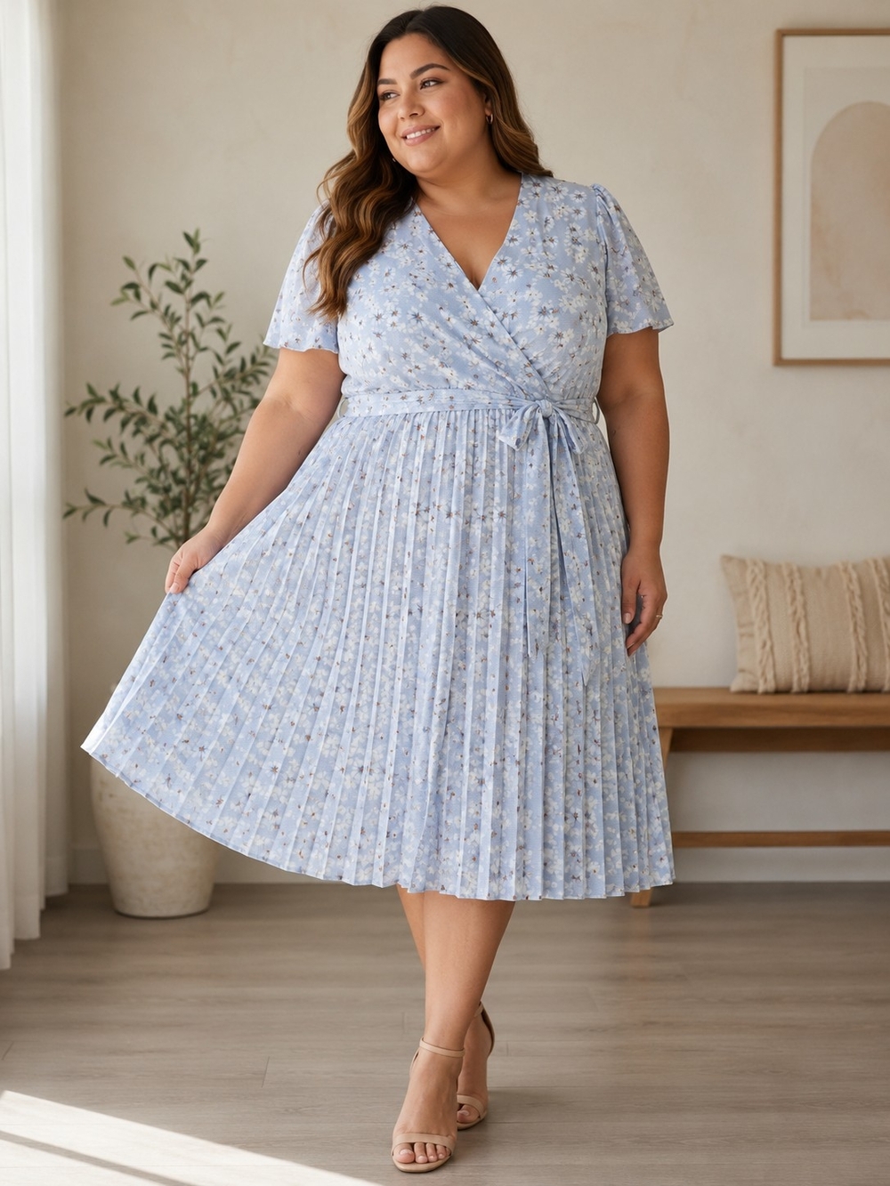 Plus Size Light Blue Floral Wrap Midi Dress with Pleated Skirt